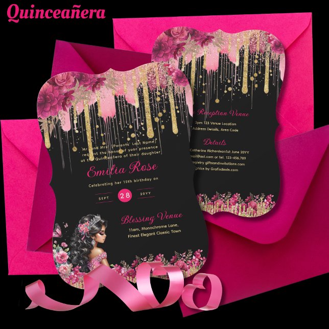 Invitation PINK Gold Étincelle Quinceanera robe Roses floraux (Créateur téléchargé)