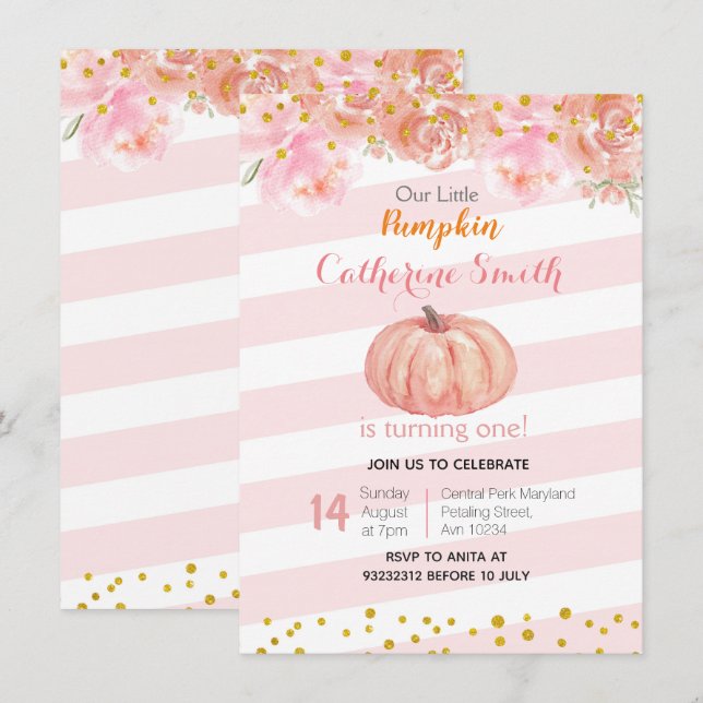 Invitation Pink Gold Fall Floral Citrouille 1er Anniversaire (Devant / Derrière)