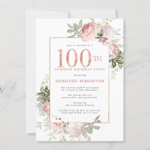 Invitation Pink Gold Floral 100e anniversaire Surprise Party