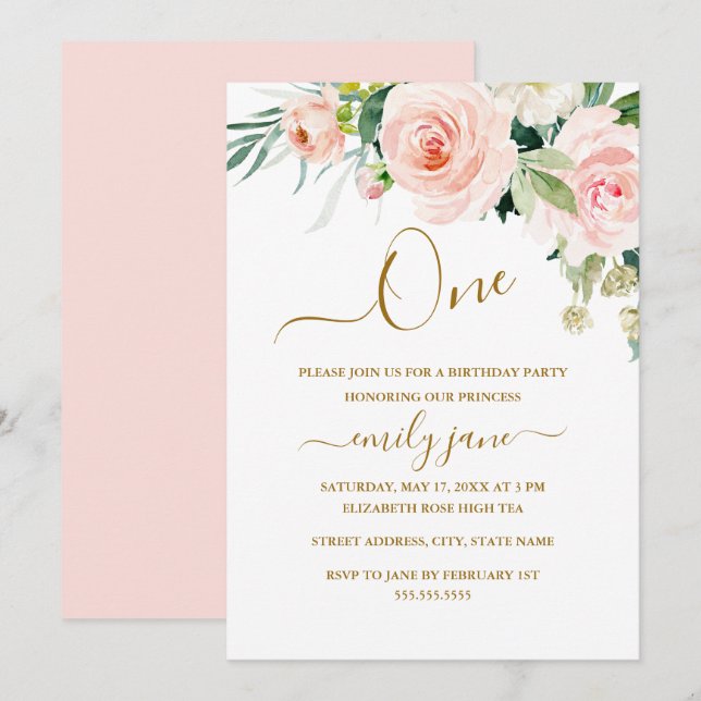 Invitation Pink Gold Floral 1er fête d'anniversaire (Devant / Derrière)