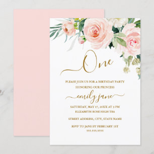 Invitation Pink Gold Floral 1er fête d'anniversaire