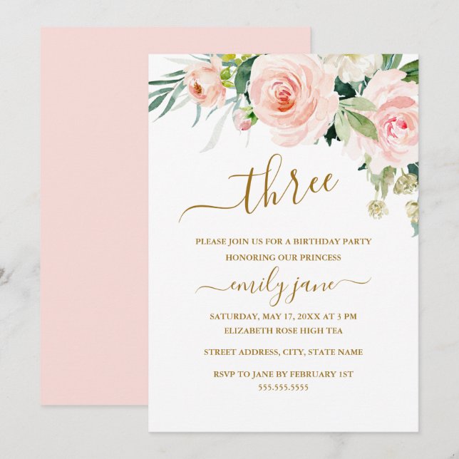 Invitation Pink Gold Floral 3e fête d'anniversaire (Devant / Derrière)