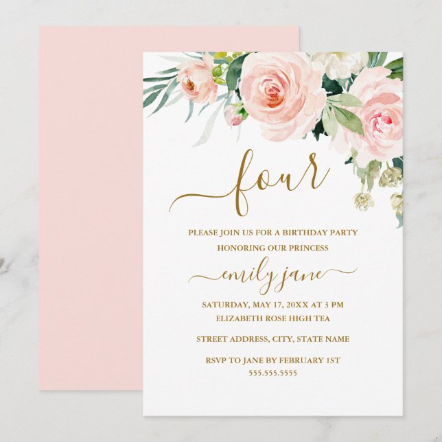 Invitation Pink Gold Floral 4e fête d'anniversaire (Devant / Derrière)