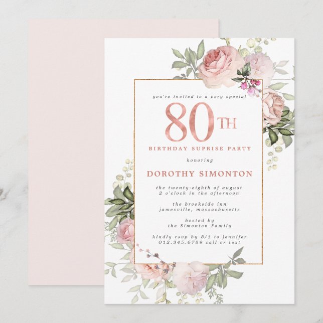 Invitation Pink Gold Floral 80e anniversaire Surprise Party (Devant / Derrière)