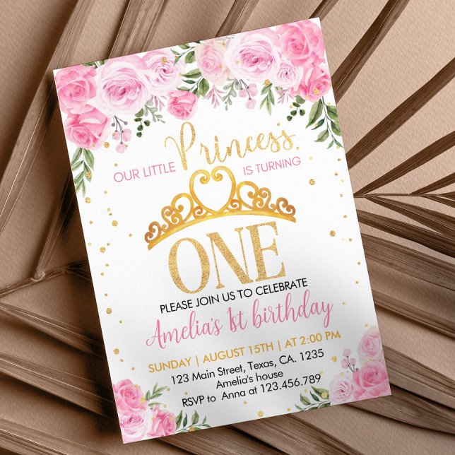 Invitation Pink Gold Floral Crown Princesse 1er anniversaire (Créateur téléchargé)