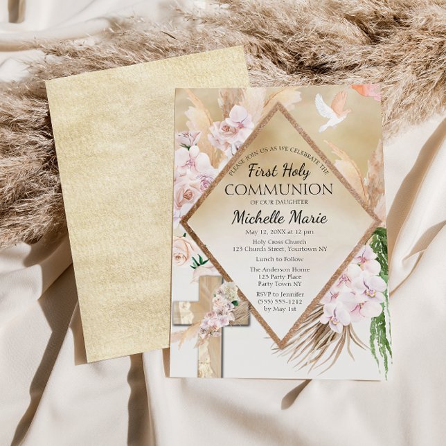 Invitation Pink Gold Floral First Holy Communion Girl (Créateur téléchargé)