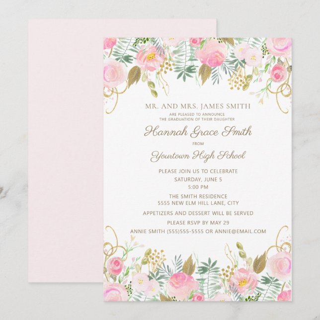 Invitation Pink Gold Floral Girls Graduation Party (Devant / Derrière)