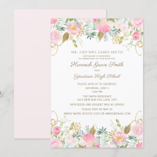 Invitation Pink Gold Floral Girls Graduation Party