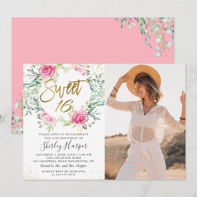 Invitation Pink Gold Floral Greenery Sweet 16 Anniversaire Ph (Devant / Derrière)