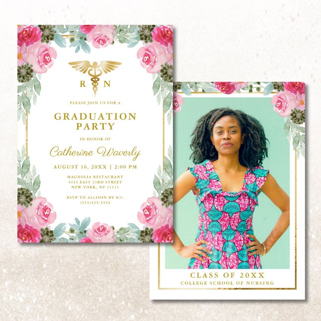 Invitation Pink Gold Floral Nursing School Photo Graduation (Créateur téléchargé)