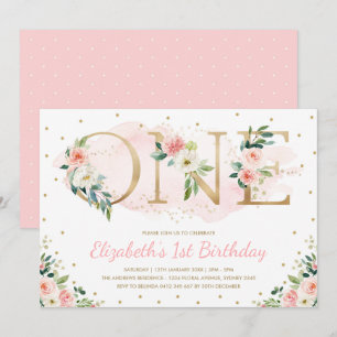 Invitation Pink Gold Floral Roses 1er Premier anniversaire