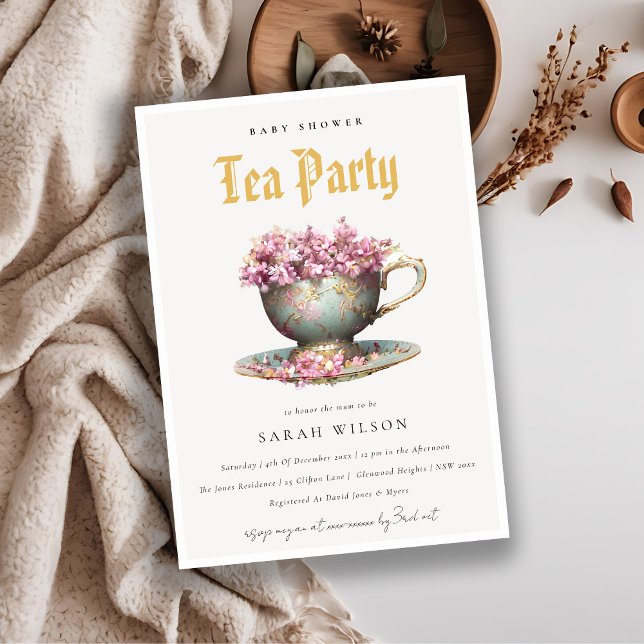 Invitation Pink Gold Floral Teacup Baby shower Tea Party (Créateur téléchargé)