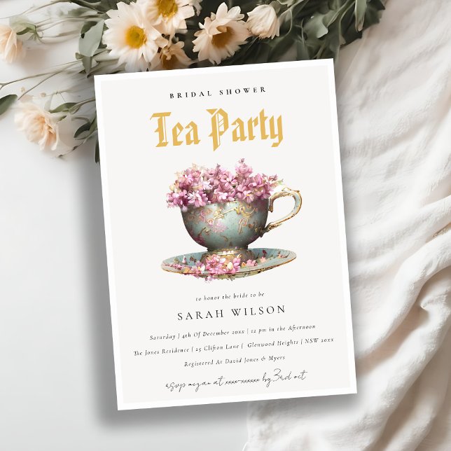 Invitation Pink Gold Floral Teacup Fête des mariées Tea Party (Créateur téléchargé)