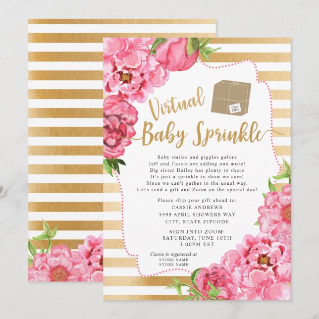 Invitation Pink Gold Floral Virtual Baby Sprinkle (Devant / Derrière)