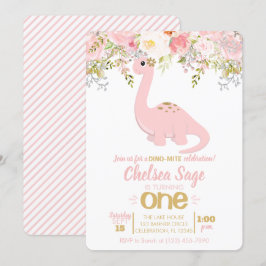 Invitation Pink & Gold Girl Dinosaur Floral Anniversaire