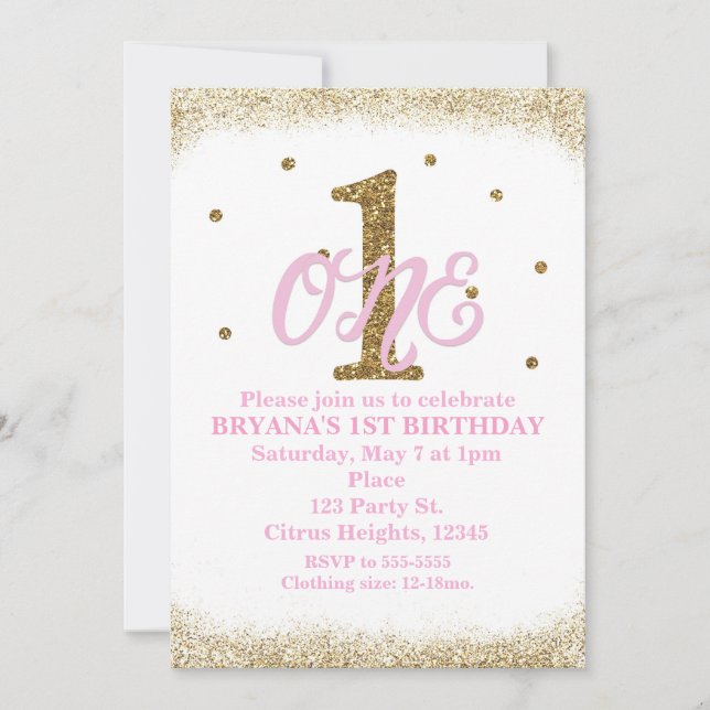 Invitation Pink & Gold Girls ONE 1er anniversaire (Devant)
