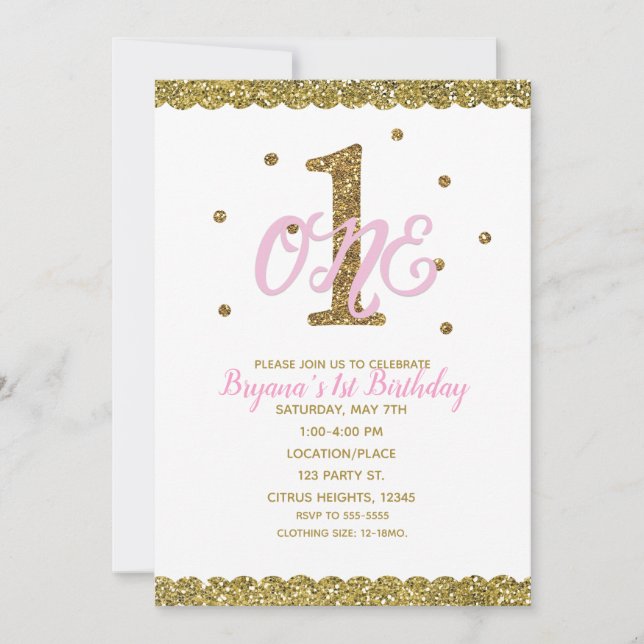 Invitation Pink & Gold Girls ONE 1er anniversaire (Devant)