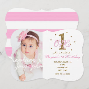 Invitation Pink & Gold Girls ONE 1er Birthday Party Photo