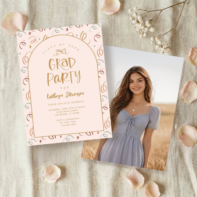 Invitation Pink Gold Girly Hand Drawn Confetti Grad Party (Front + Back View)