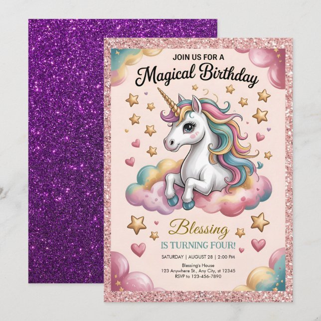 Invitation Pink & Gold Glitter Party (Devant / Derrière)