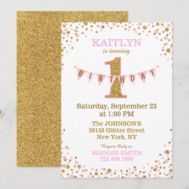 Invitation Pink Gold Glitter Sparkle First Birthday Invite (Devant / Derrière)