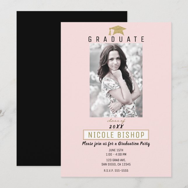 Invitation Pink Gold Graduate Photo Parti de graduation moder (Devant / Derrière)