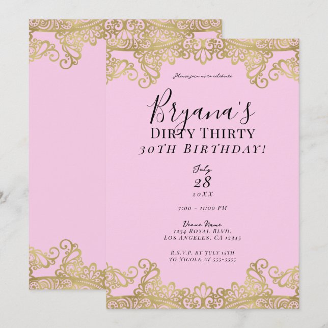 Invitation Pink & Gold Lace Chic Dirty 30 30e anniversaire (Devant / Derrière)