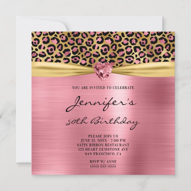 Invitation Pink Gold Leopard Foil Gem Heart 50e anniversaire (Devant)