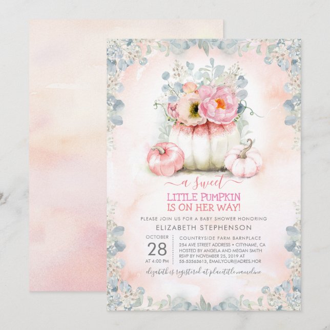 Invitation Pink Gold Little Citrouille Cute Baby shower éléga (Devant / Derrière)