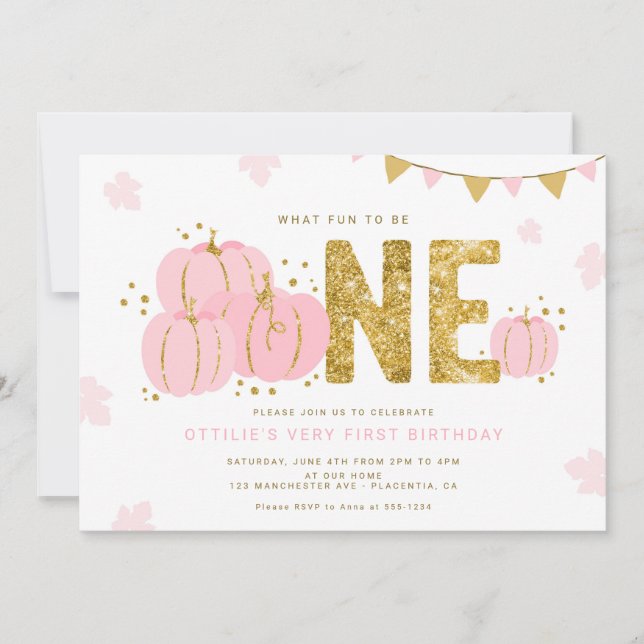 Invitation Pink Gold Little Citrouille Premier anniversaire f (Devant)