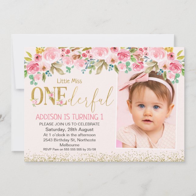 Invitation Pink Gold Little Miss Onederday Photo (Devant)