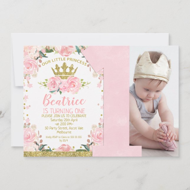 Invitation Pink Gold Little Princess Crown 1er anniversaire (Devant)