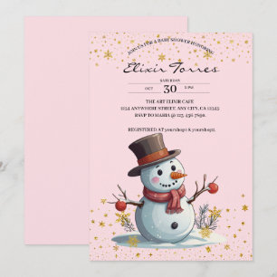 Invitation Pink & Gold Little Snowflakes Snowman Baby shower