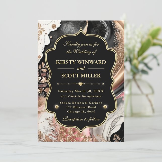 Invitation Pink Gold Marble Floral Elegant Wedding (Debout devant)
