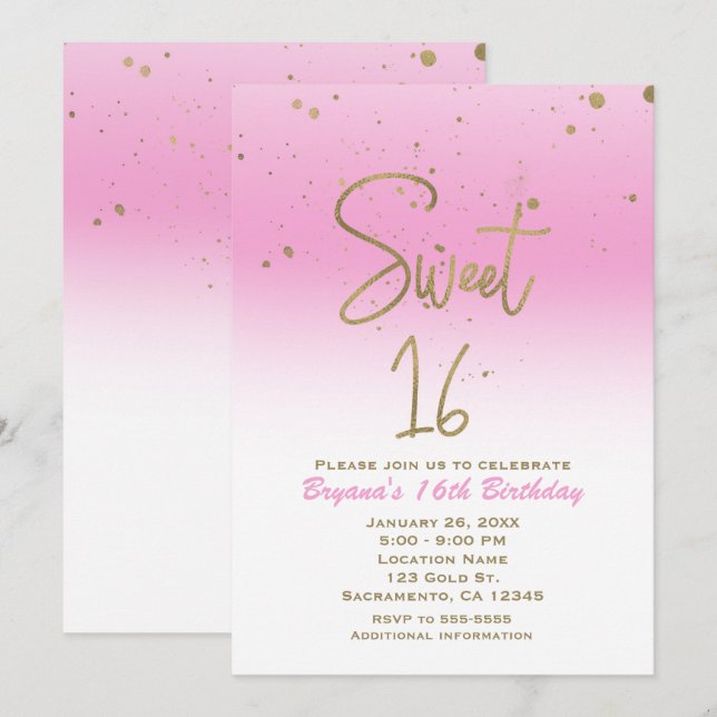 Invitation Pink & Gold Modern Glam SWEET 16 Anniversaire (Devant / Derrière)