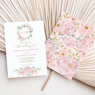 Invitation Pink Gold Monogramme Aquarelle Floral Wedding Part