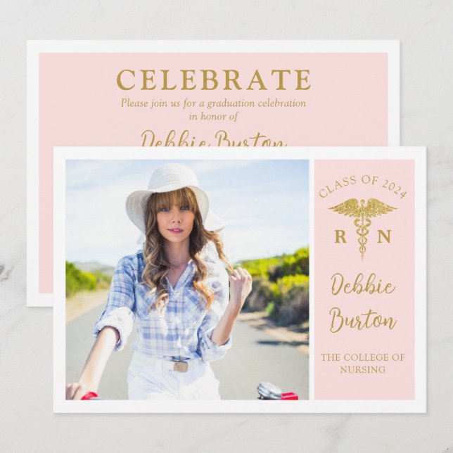 Invitation Pink & Gold Nursing School Photo Graduation Party (Devant / Derrière)