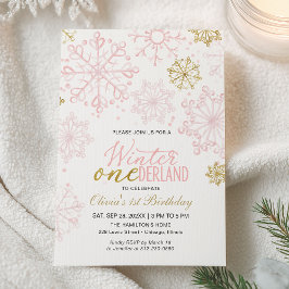 Invitation Pink Gold Onederland 1st Birthday Snowflake