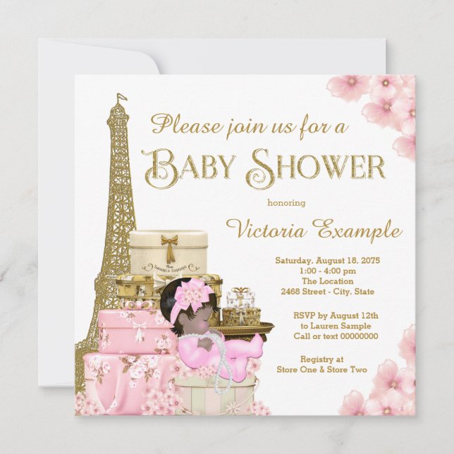 Invitation Pink Gold Paris Ethnic Girl Baby shower (Devant)