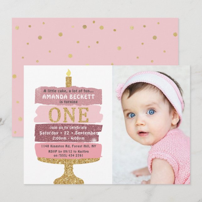 Invitation Pink & Gold Parties scintillant Cake Photo 1er ann (Devant / Derrière)