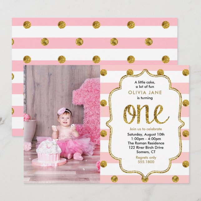 Invitation Pink, Gold Parties scintillant Premier anniversair (Devant / Derrière)