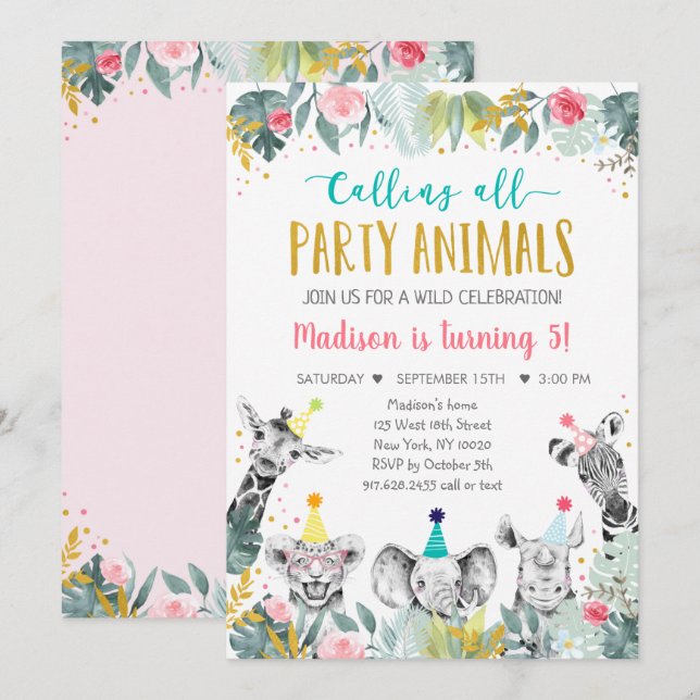 Invitation Pink Gold Party Animal Safari Anniversaire (Devant / Derrière)