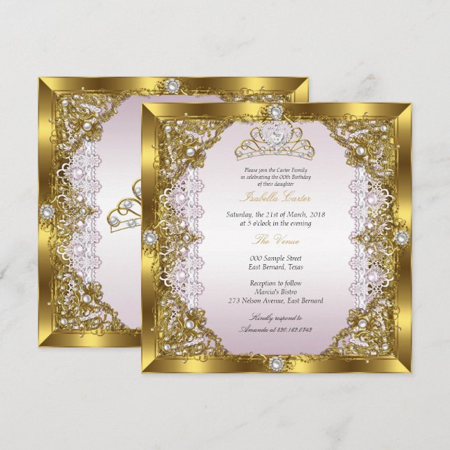 Invitation Pink Gold Pearl Dentelle Tiara Damask Anniversaire (Devant / Derrière)