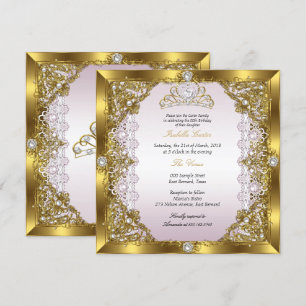 Invitation Pink Gold Pearl Dentelle Tiara Damask Anniversaire