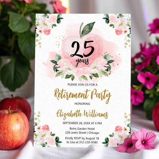 Invitation Pink Gold Pomme Floral Teacher Parti de retraite (Créateur téléchargé)