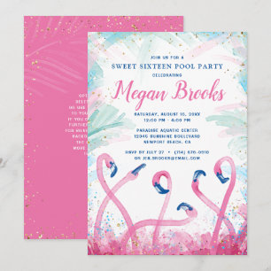 Invitation Pink Gold Pool Party Flamant rose tropical Anniver