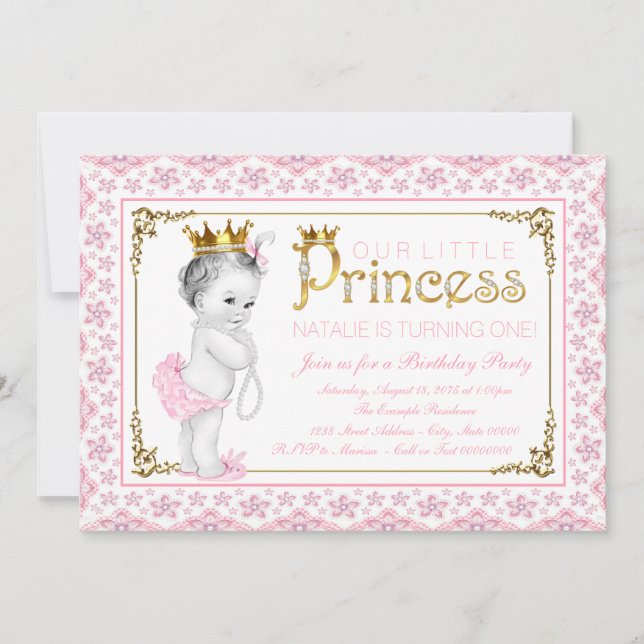 Invitation Pink Gold Princess Pearl Premier anniversaire (Devant)