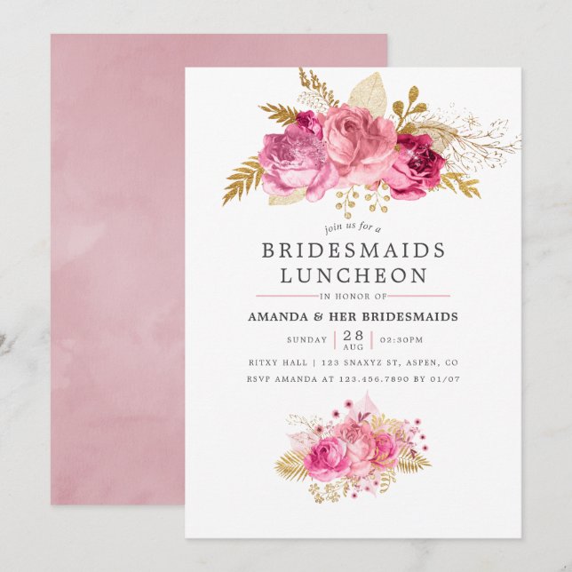 Invitation Pink & Gold Roses Aquarelle Bridesmaitres Déjeuner (Devant / Derrière)