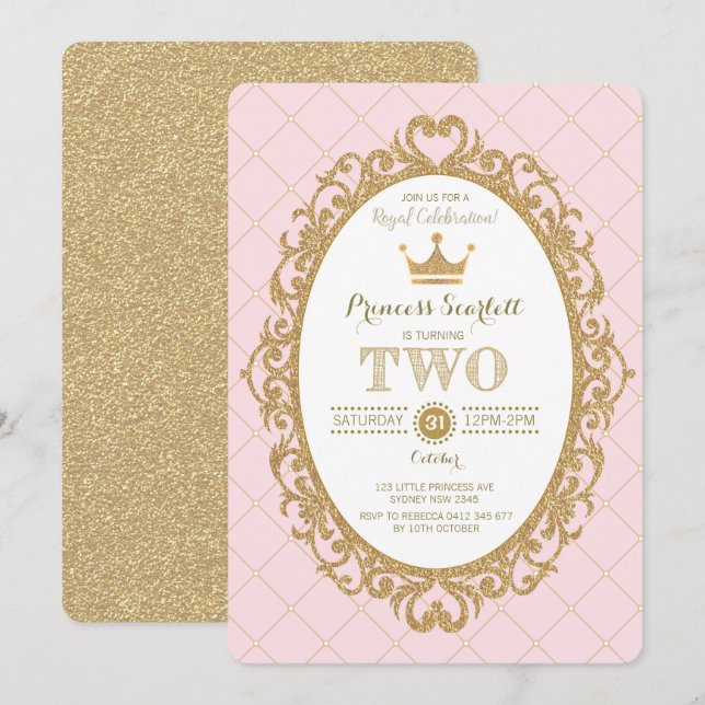 Invitation Pink Gold Royal Crown Princesse 2e fête d'annivers (Devant / Derrière)