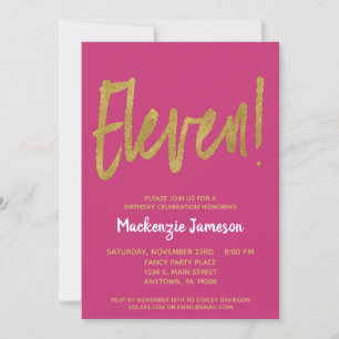 Invitation Pink Gold Script 11e anniversaire de fête Invitati
